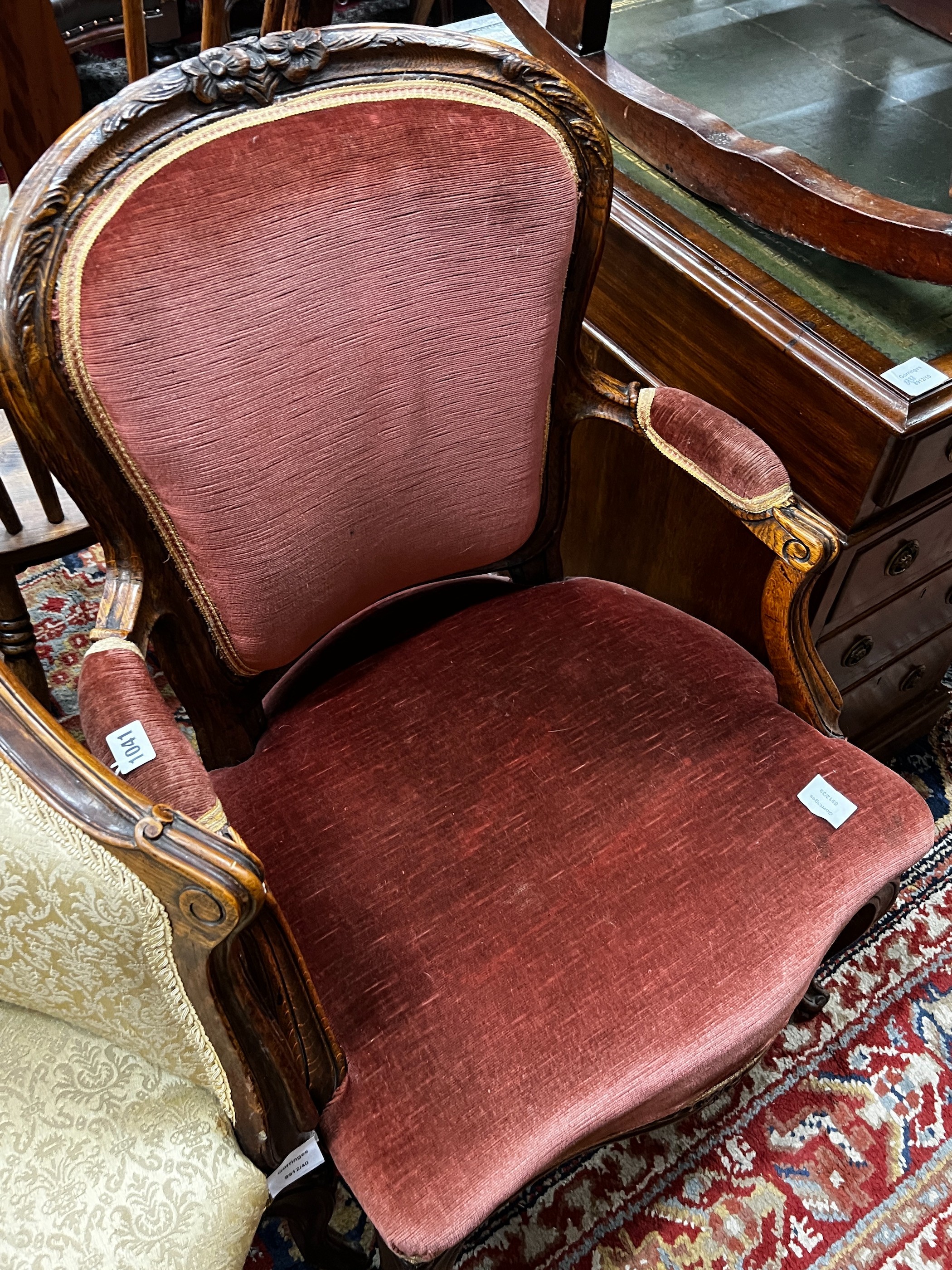 A late 19th century French upholstered oak fauteuil, width 68cm, depth 50cm, height 91cm